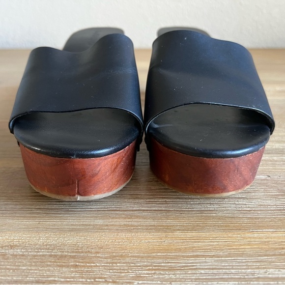 Mango Shoes Womens 7.5 Black Leather Chunky Wood Studded Platform Block Heel - Picture 9 of 16